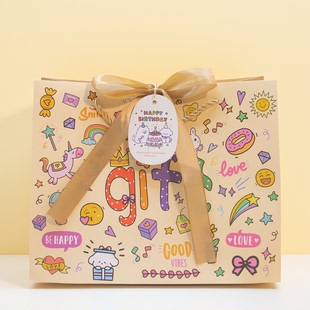 高级感袋子礼品袋高颜值生日礼物包装 袋涂鸦卡通幼儿园手提纸袋大