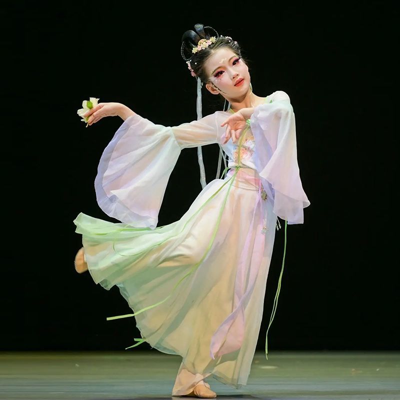 儿童古典舞舞蹈演出服采莲中国舞练功服女童纱衣飘逸独舞表演服装