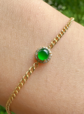 18k金南非钻石镶嵌天然冰阳绿翡翠A货蛋面古巴手链简约百搭