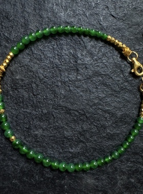 高冰缅甸翡翠a货辣阳绿小米珠手串999足金手链48h鉴赏