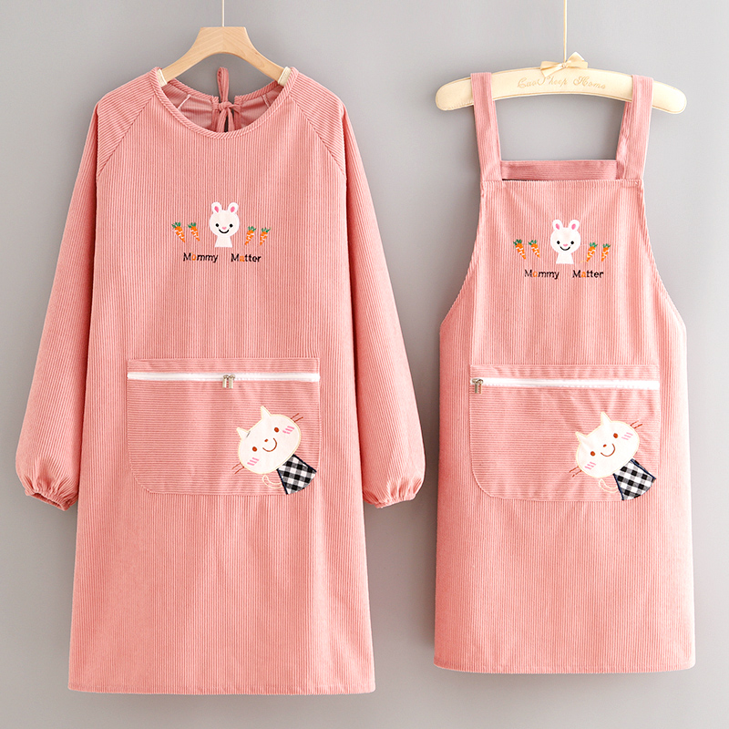 2024新款条绒长袖围裙厨房家用防污罩衣卡通围腰女上班耐脏工作服