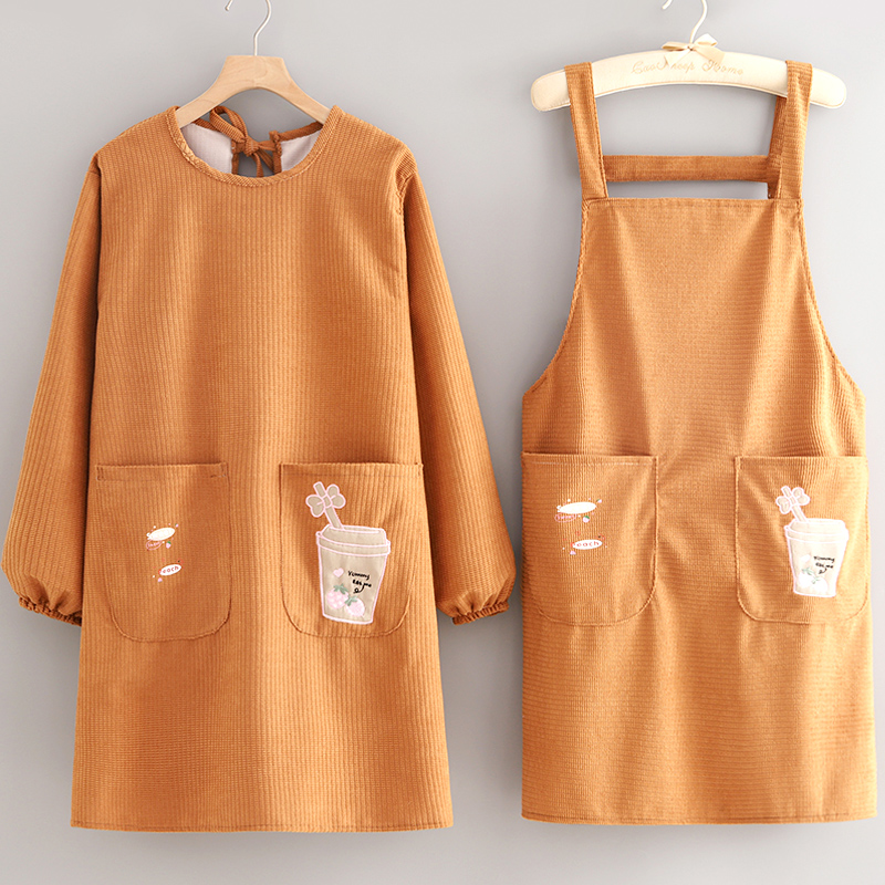 时尚长袖围裙厨房家用条绒防污罩衣耐磨韩版女围腰成人干活工作服