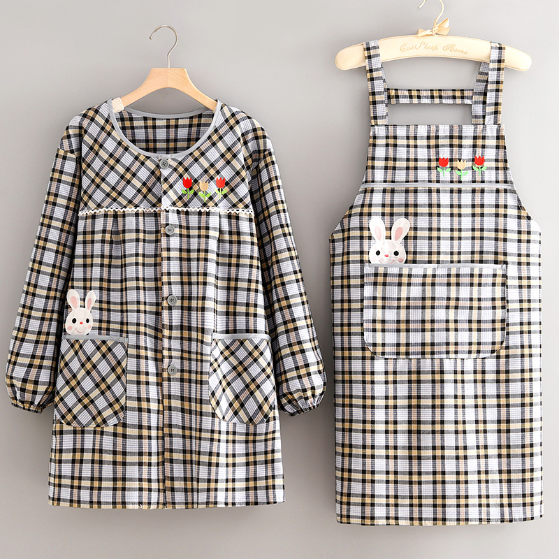 韩版棉布长袖围裙厨房家用卡通透气做饭罩衣上班干活工作服成人女