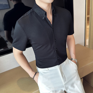 冰丝薄款华夫格V领衬衫男短袖帅气立领一片领衬衣白色C2616-P58图片