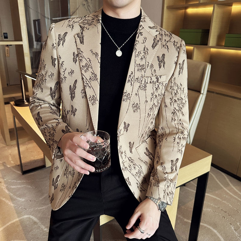 2025秋装花西装外套男西服商务休闲质感印花西装灰色DX8036-P155，男装西服套装，电商A213