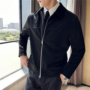 高级感翻领皮衣男潮流休闲外套男士潮牌痞帅皮夹克JK7026-P100特图片
