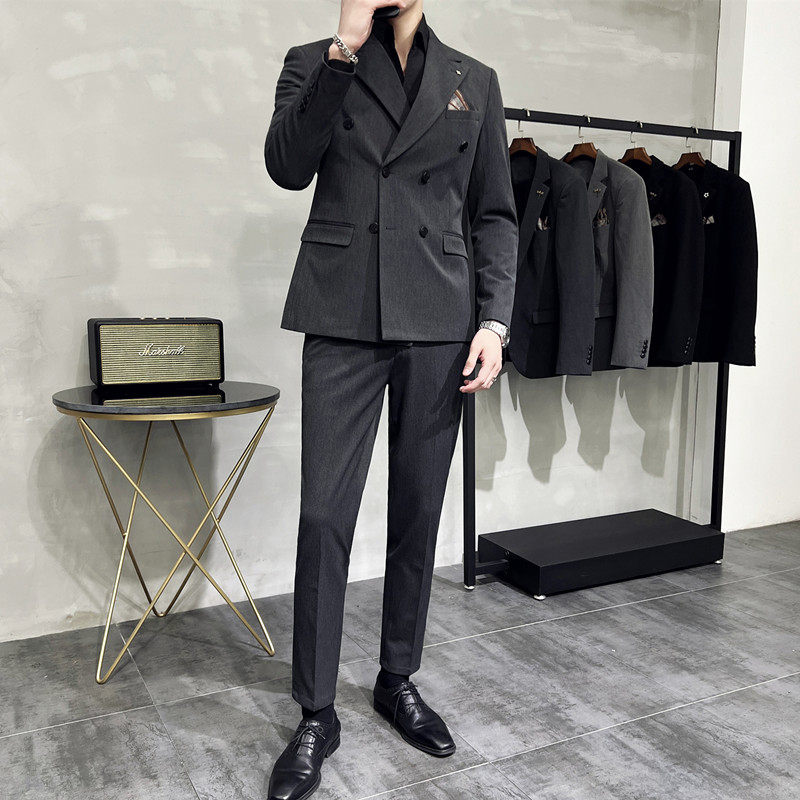 主推款~质感枪驳领双排扣西服套装修身西装两件套黑色LJT412-P215，男装西服套装，电商A213