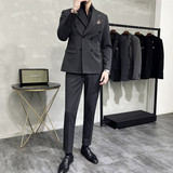 主推款~质感枪驳领双排扣西服套装修身西装两件套黑色LJT412-P215，男装西服套装，电商A213