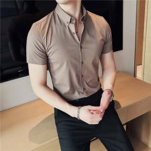 夏季薄款条纹短袖衬衫男修身商务正装休闲衬衣墨绿色C1819-P63,黑白小格子女装衬衫搭配图片