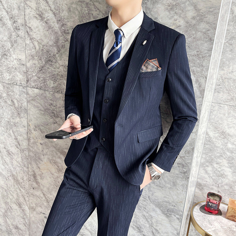 S-7XL虚线条纹休闲西装套装男修身帅气西服三件套SJT109-P210特,男装西服套装,电商A213