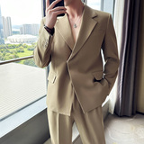 英伦高级感西服套装男微阔垂感西装两件套卡其色LJT958-P235，男装西服套装，电商A213