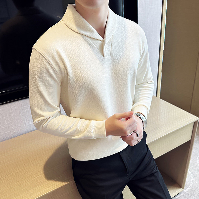 加厚泡泡纱面料古巴领长袖Polo衫男V领青果领卫衣打底衫W2808-P68,男装T恤,电商A213