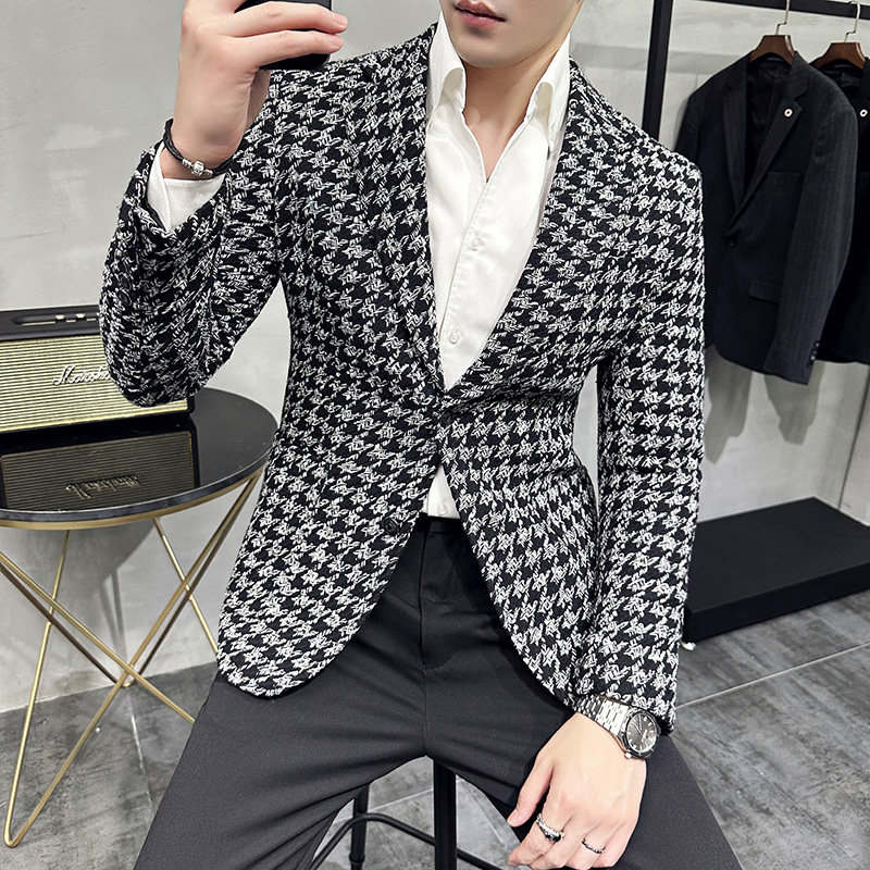 潮男主持人宴会礼服帅气西服外套时尚千鸟格西装厚款DX118-P155,男装西服套装,电商A213