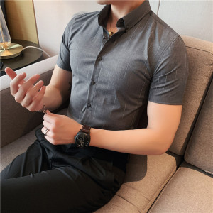 新增5XL夏季薄款男虚线条纹短袖衬衫暗条纹质感修身衬衣C1810/P60图片