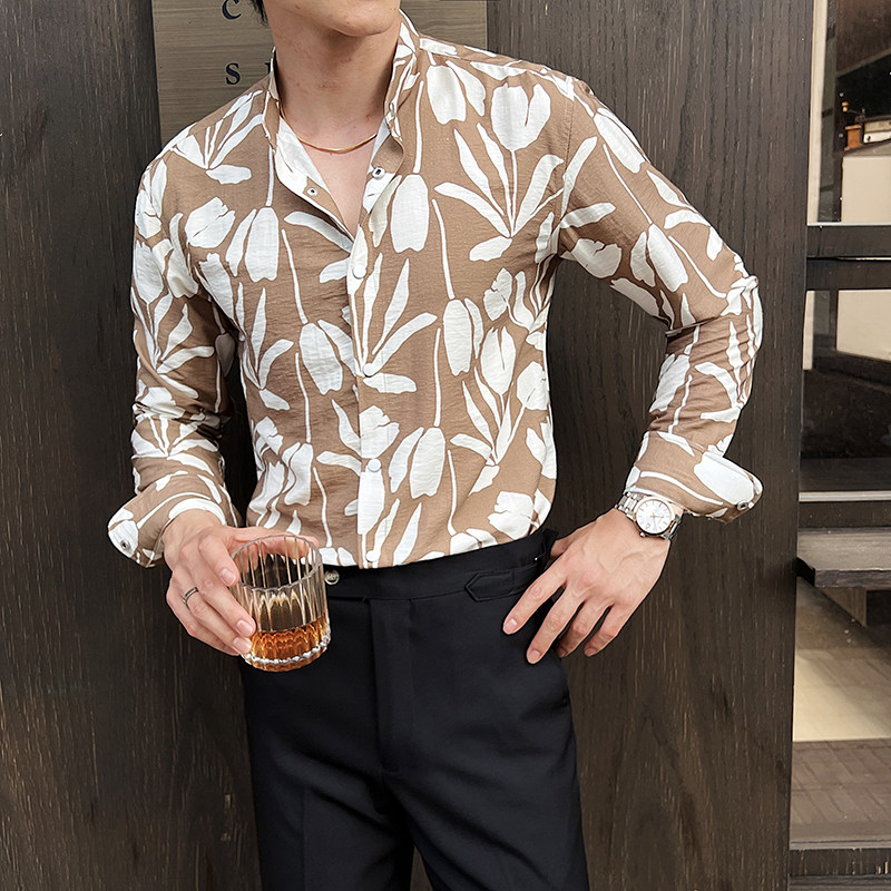高级感莱赛尔天丝时尚帅气肌理感花衬衫男长袖衬衣白色C2415-P67图片