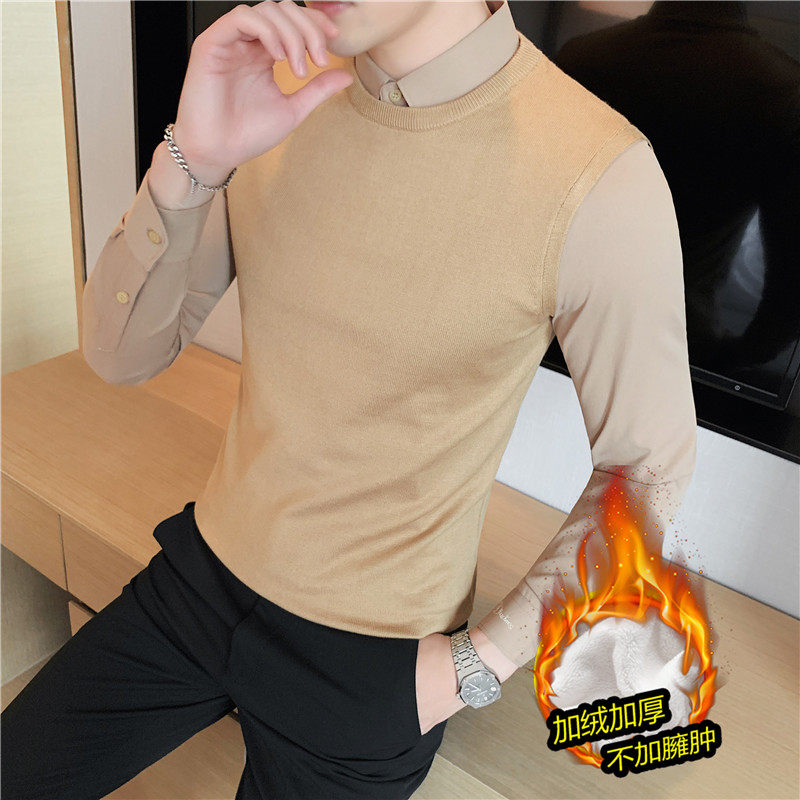 特价款~加绒假两件毛衣纯色衬衫领针织背心套头毛衣男JR9329-P85,男装背心/马甲,电商A213