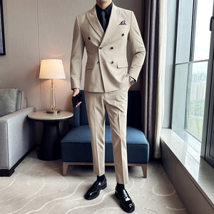 高品质面料西服套装纯色双排扣戗驳领西装三件套卡其SJT8021-P275图片