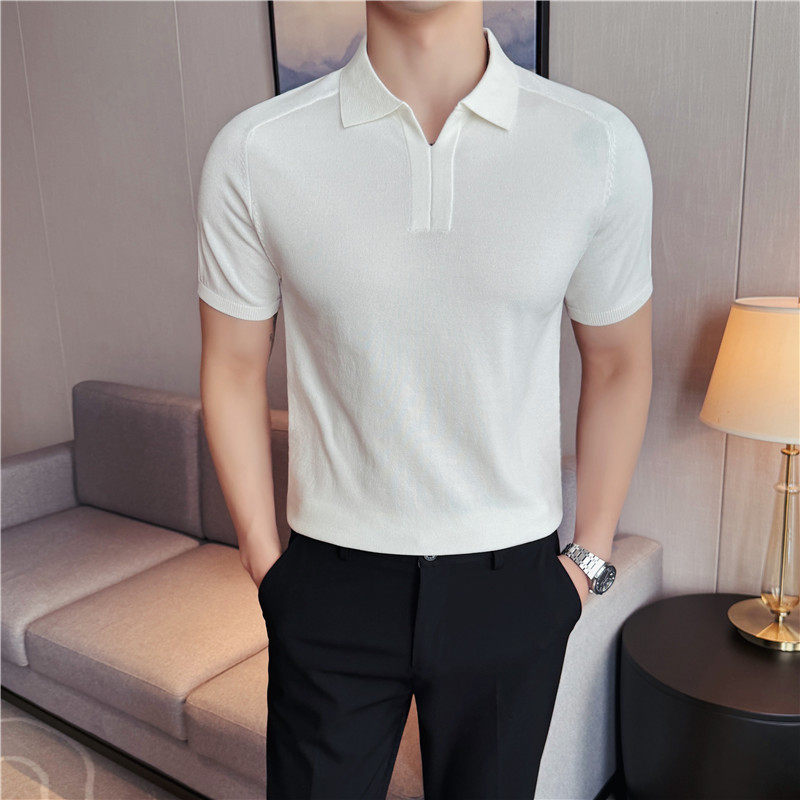 【天丝莱赛尔】老钱风莱赛尔针织V领POLO衫翻领短袖T恤PL931-P63,男装Polo衫,电商A213