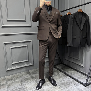 高级感色织面料西服套装条纹一粒扣西装三件套咖啡色SJT8019-P275图片