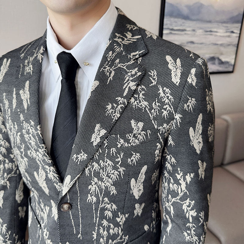 2025秋装花西装外套男西服商务休闲质感印花西装灰色DX8036-P155，男装西服套装，电商A213