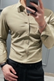 货足特价无痕压胶弹力衬衫男长袖衬衫卡其色C8611/P68，男装衬衫，电商A213