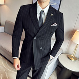 新郎西服套装条纹双排扣戗驳领西装三件套男西服黑色SJT8013-P275，男装西服套装，电商A213