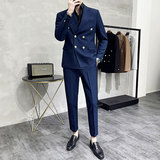 双排扣西服套装男休闲商务戗驳领气质西装高级感宝蓝色LJT10-P230，男装西服套装，电商A213