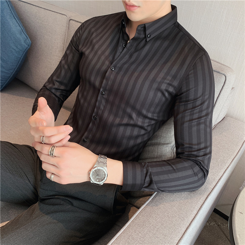 常年做男士经典条纹长袖衬衫轻奢质感衬衣修身卡其色C6123/P58，男装衬衫，电商A213