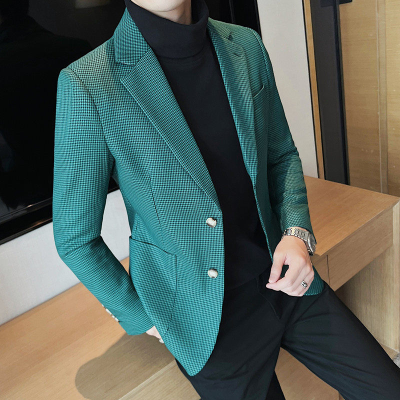 质感高档千鸟格子西装两粒扣西服男休闲西装外套潮流绿DX909-P138,男装西服套装,电商A213
