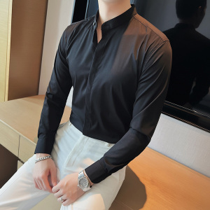 高级感立领衬衫男长袖修身圆领衬衣西装内搭衬衣黑色CXT18-P63图片