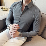 春夏新款高级感薄款男士黑白小格子衬衫修身长袖衬衣黑色CS37-P63，男装衬衫，电商A213