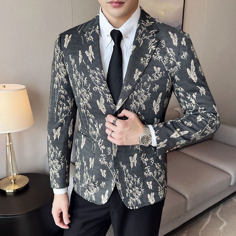2025秋装花西装外套男西服商务休闲质感印花西装灰色DX8036-P155，男装西服套装，电商A213