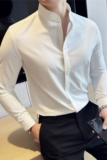 新中式圆领衬衫男商务休闲长袖衬衣立领设计感上衣C6622-P58，男装衬衫，电商A213