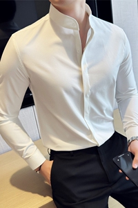 新中式圆领衬衫男商务休闲长袖衬衣立领设计感上衣C6622-P58图片