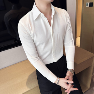 春夏季冰丝褶皱条纹衬衫男长袖暗扣衬衫设计感衬衣黑色C2311-P63图片