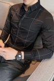 长期做格子衬衫男长袖修身商务正装衬衣黑色CS07-P55，男装衬衫，电商A213