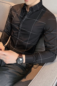 长期做 格子衬衫男长袖修身商务正装衬衣黑色CS07-P55图片