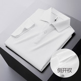 侧开叉款~立体一字领polo衫轻奢商务古巴领短袖T恤白色PL07-P63，男装T恤，电商A213