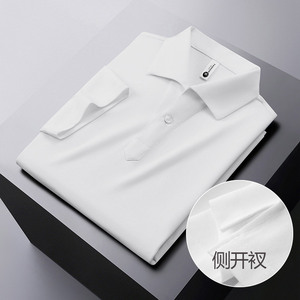 侧开叉款~立体一字领polo衫轻奢商务古巴领短袖T恤白色PL07-P63图片
