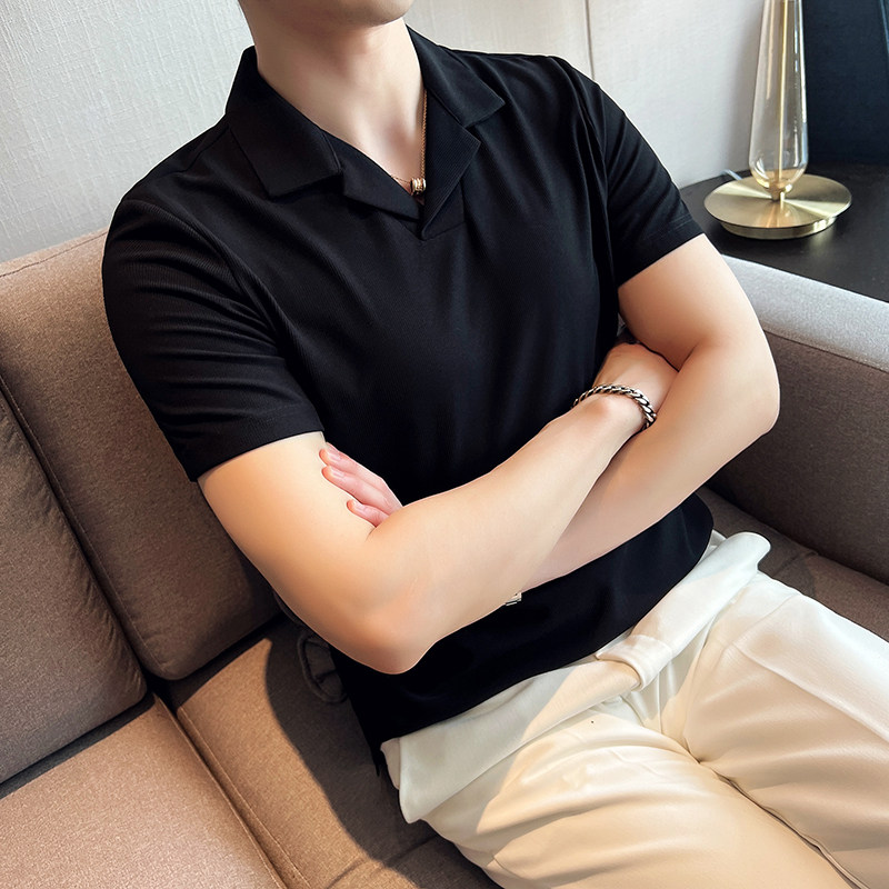 冰丝华夫格V领polo衫韩版翻领短袖男修身有领保罗衫PL2238-P53,男装T恤,电商A213
