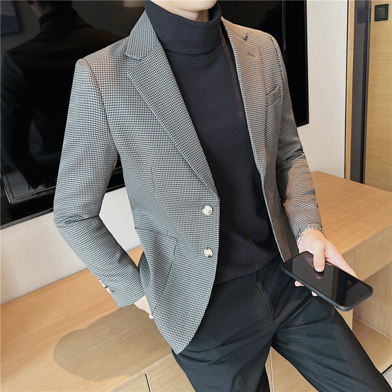 质感高档千鸟格子西装两粒扣西服男休闲西装外套潮流绿DX909-P138,男装西服套装,电商A213