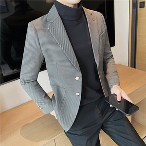 质感高档千鸟格子西装两粒扣西服男休闲西装外套潮流绿DX909-P138图片