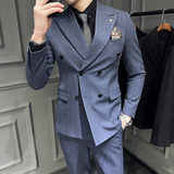 高级感戗驳领双排扣西服套装修身帅气条纹西装三件套SJT152-P285，男装西服套装，电商A213