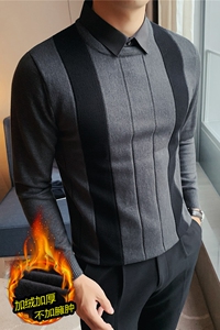 加厚加绒条纹拼接针织毛衣衬衫领假两件毛衣男毛衫灰JR9305-P100图片