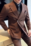 高级感西服套装双排扣戗驳领西装三件套男巧克力色SJT121-P265，男装西服套装，电商A213