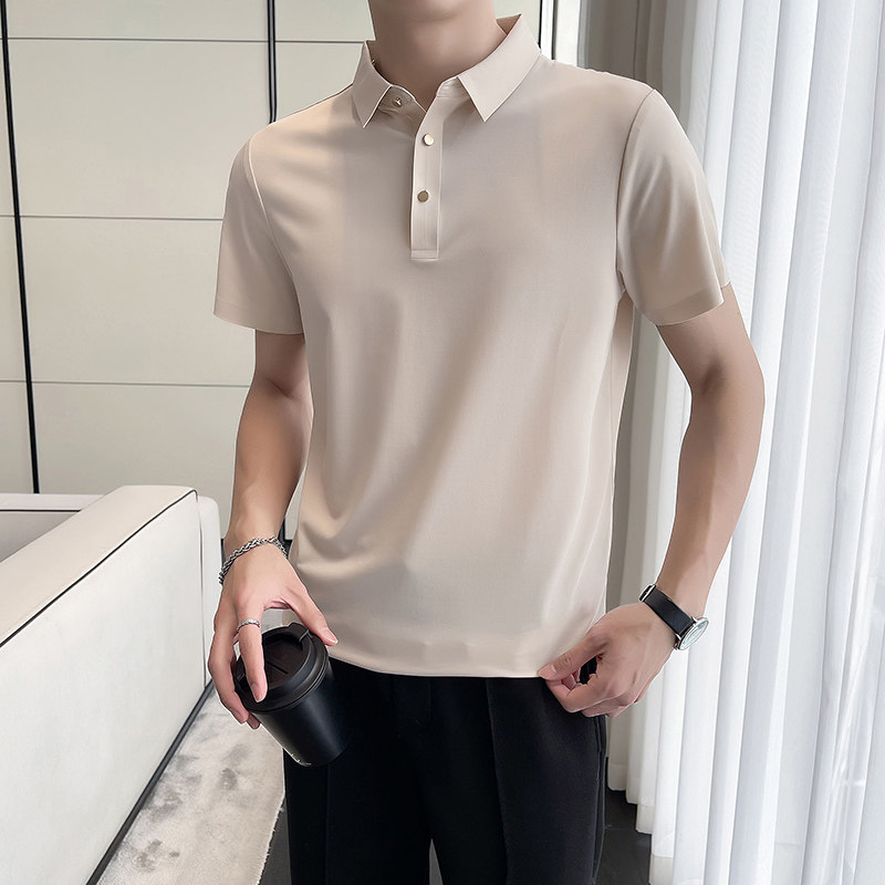 轻熟风~纯色高弹冰丝翻领无痕T恤男士短袖POLO衫天蓝色PL02-P50,男装T恤,电商A213