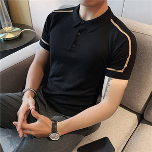 夏装时尚拼色条纹修身弹力针织冰丝T恤衫男短袖POLO衫PL9802-P55图片