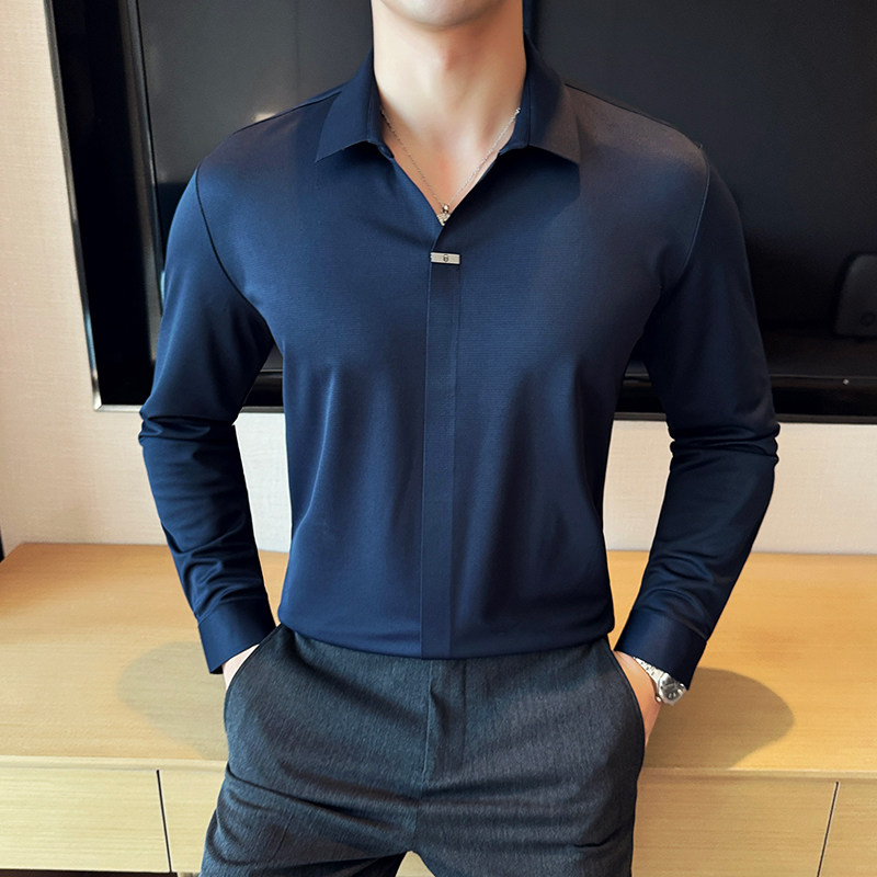 个性V领长袖POLO衫男高级感弹力无痕翻领T恤咖啡色T6661-P68图片