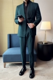 双排扣青果领男士休闲西服套装帅气西装两件套墨绿色LJT8811-P200，男装西服套装，电商A213