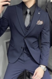 薄款戗驳领两粒扣单排扣西装男套装西服三件套藏青色SJT505-P265，男装西服套装，电商A213